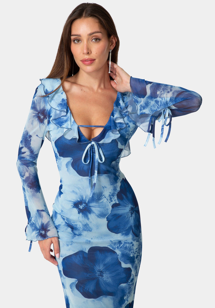 Other View-Ruffle Detail Mesh Maxi Dress-Blue Multi