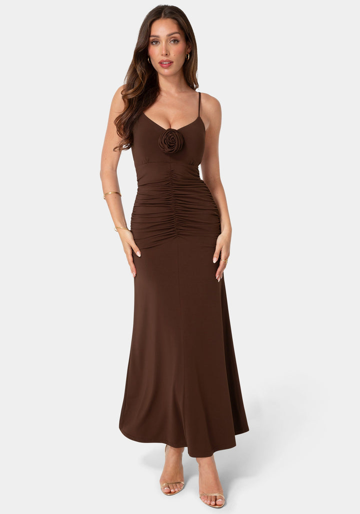 Front View-Jersey Rosette Shirred Maxi Dress-Chocolate