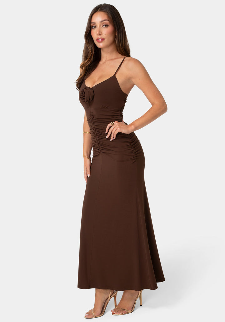 Side View-Jersey Rosette Shirred Maxi Dress-Chocolate