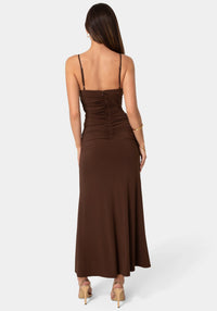 Back View-Jersey Rosette Shirred Maxi Dress-Chocolate