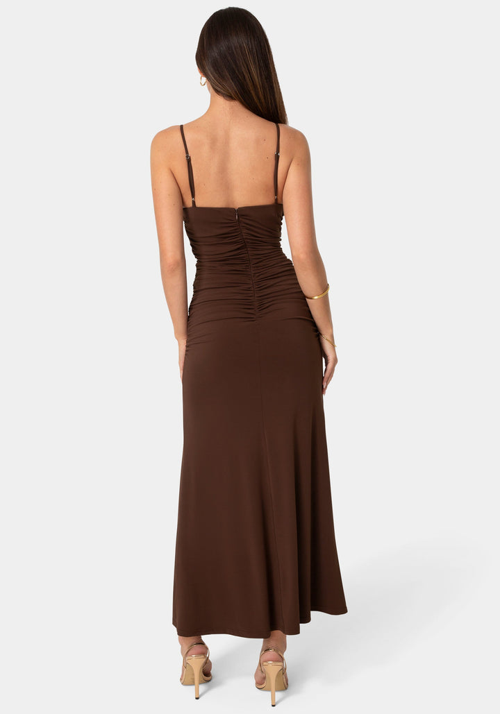 Back View-Jersey Rosette Shirred Maxi Dress-Chocolate