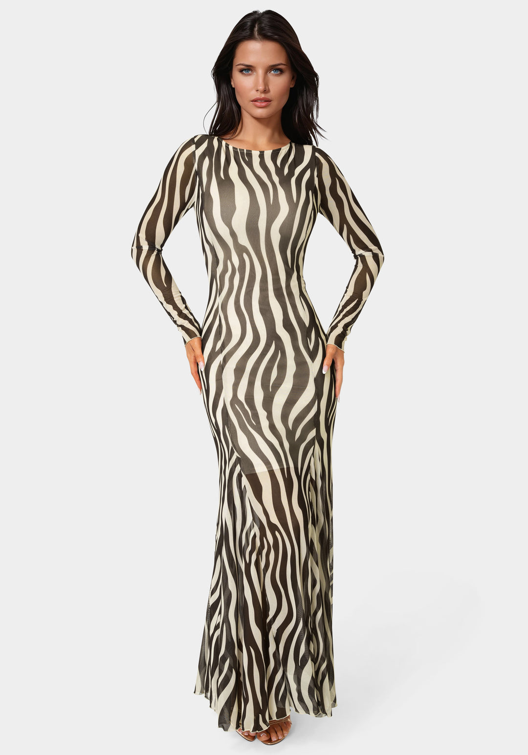 Front View-Long Sleeve Powermesh Dress-CHOCOLATE