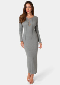 Front View-Long Sleeve Laceup Sweater Maxi Dress-Charcoal