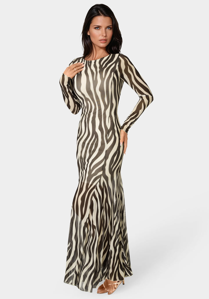 Side View-Long Sleeve Powermesh Dress-CHOCOLATE