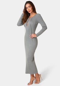 Side View-Long Sleeve Laceup Sweater Maxi Dress-Charcoal