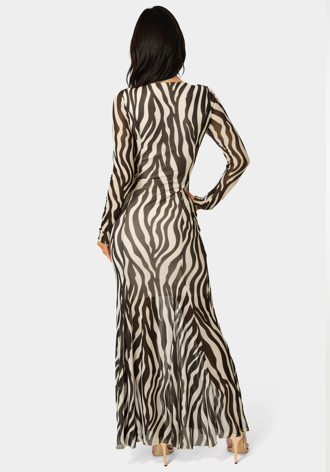 Back View-Long Sleeve Powermesh Dress-CHOCOLATE