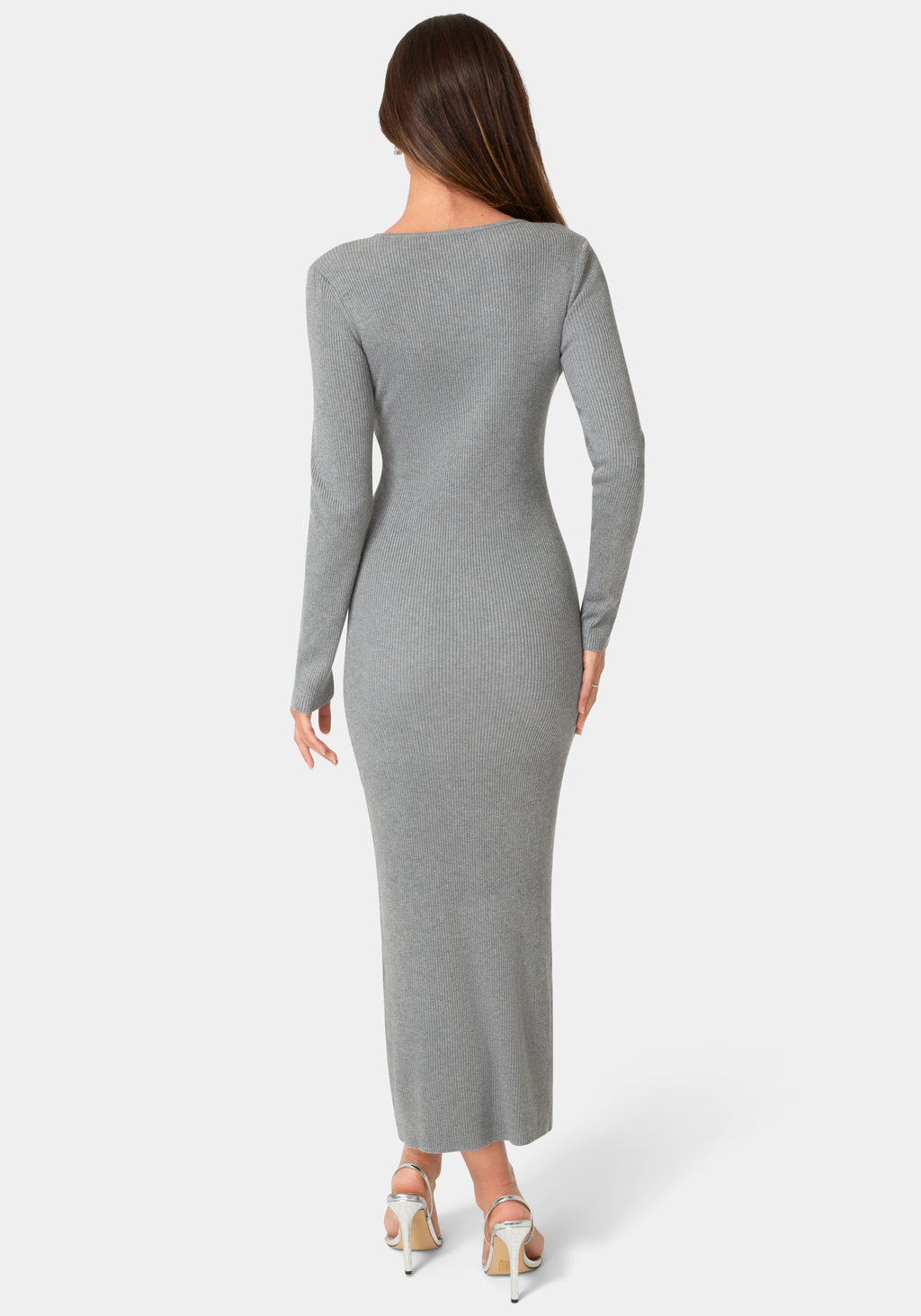 Back View-Long Sleeve Laceup Sweater Maxi Dress-Charcoal
