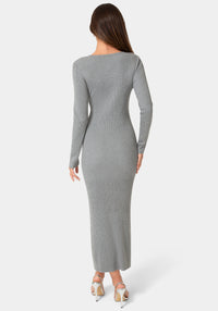 Back View-Long Sleeve Laceup Sweater Maxi Dress-Charcoal