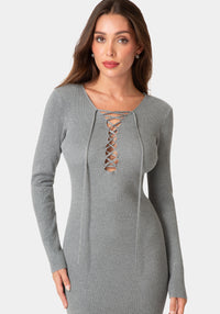 Other View-Long Sleeve Laceup Sweater Maxi Dress-Charcoal