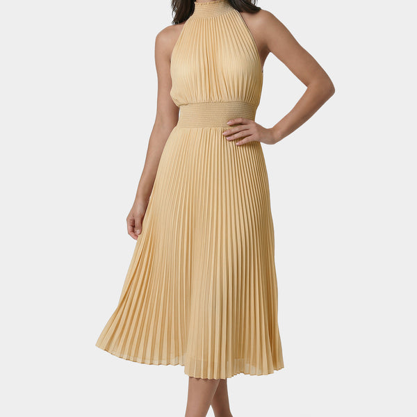 Front View-Sleeveless Pleated Dress-Champagne