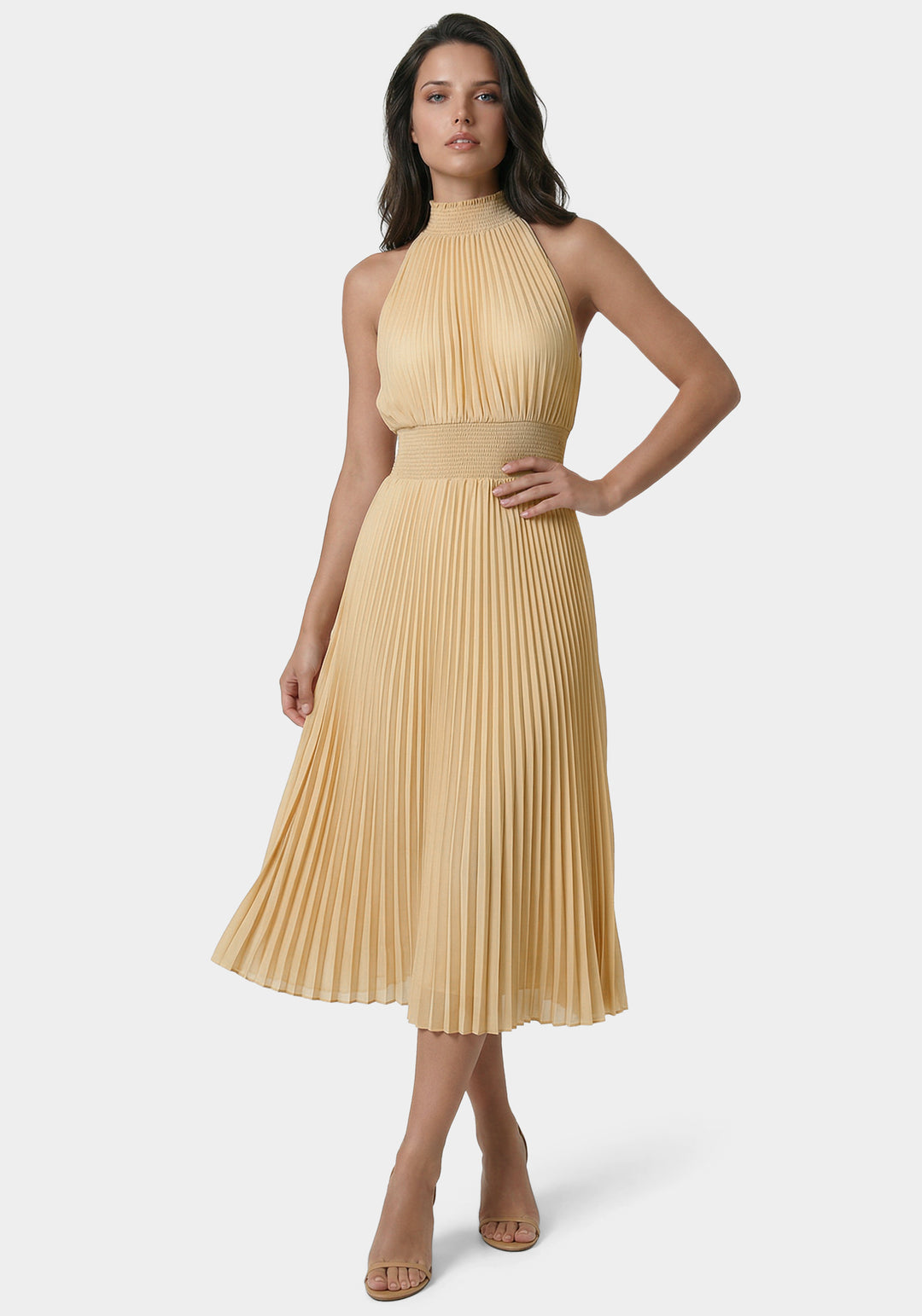 Front View-Sleeveless Pleated Dress-Champagne