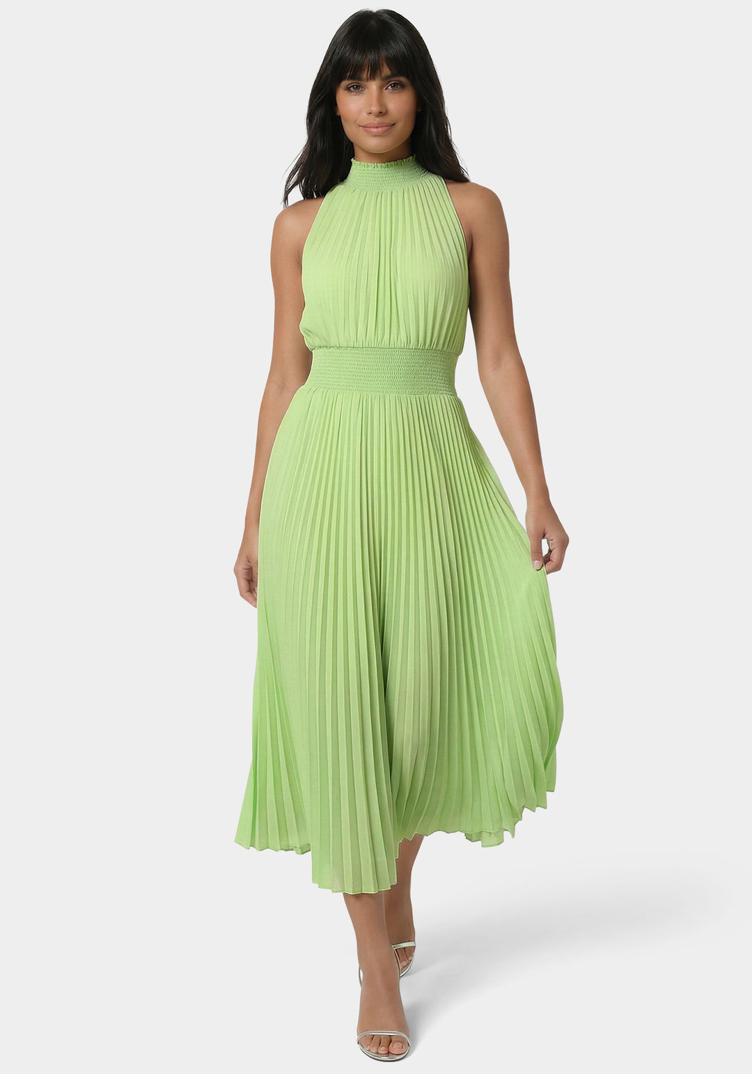 Front View-Sleeveless Pleated Dress-Sage