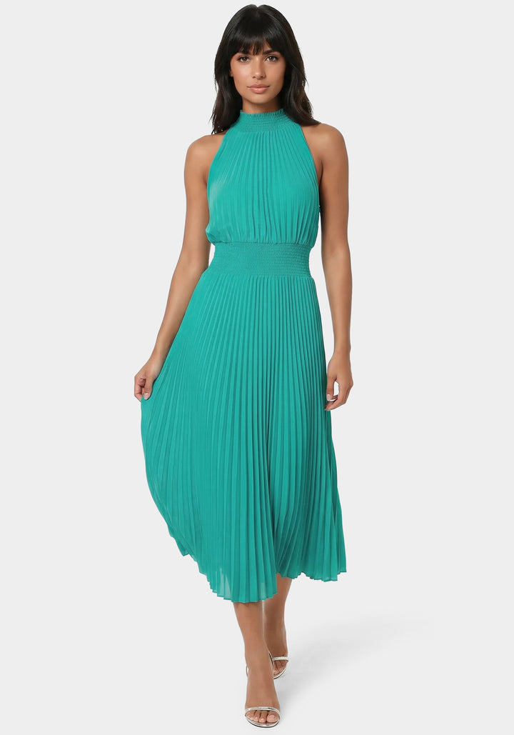 Front View-Sleeveless Pleated Dress-Teal
