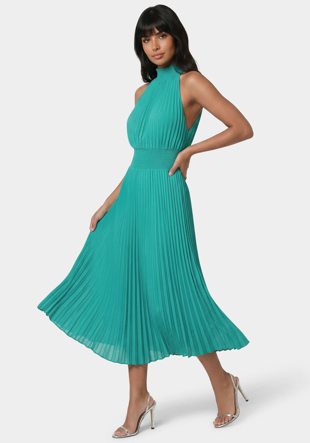 Side View-Sleeveless Pleated Dress-Teal
