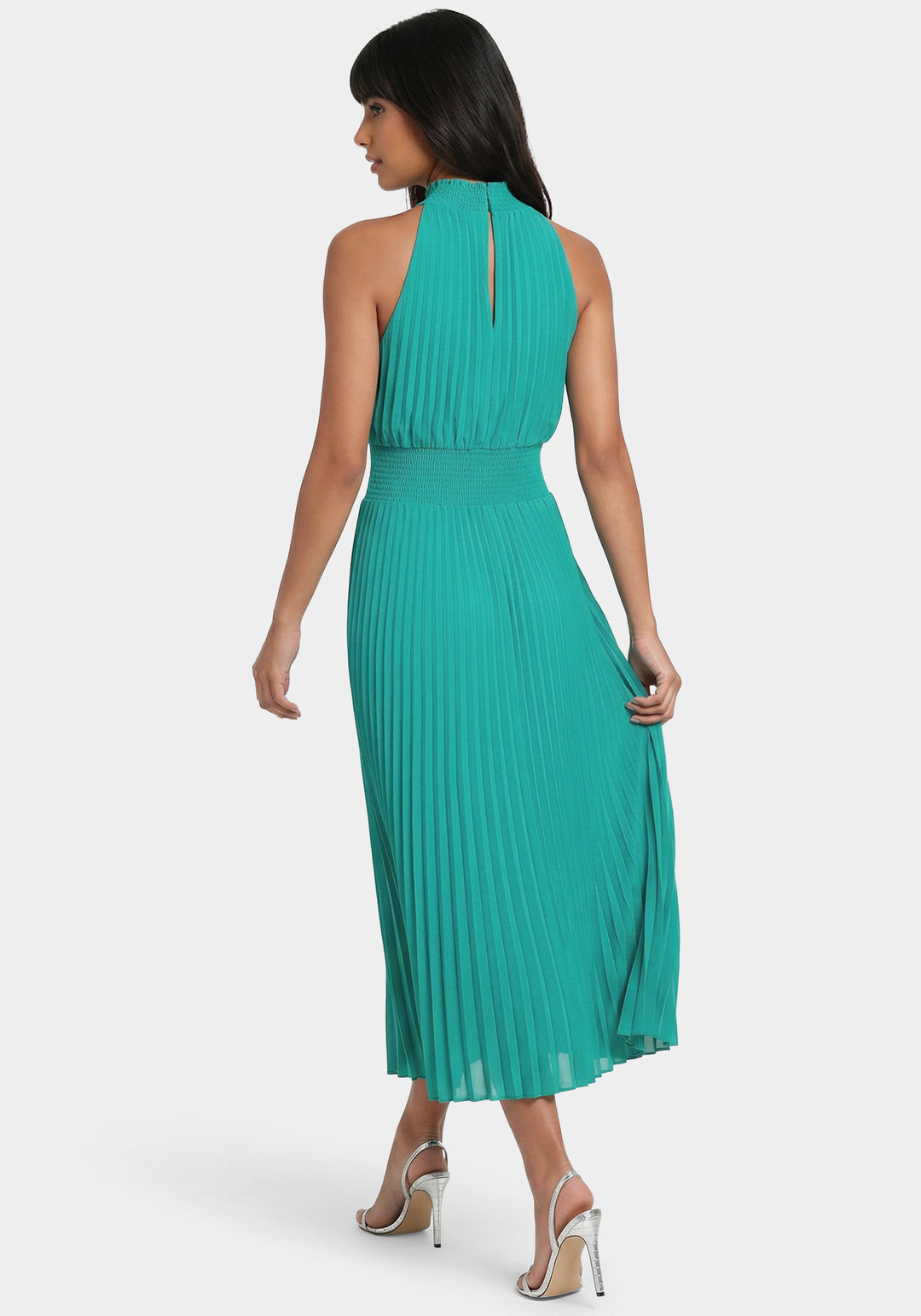 Back View-Sleeveless Pleated Dress-Teal