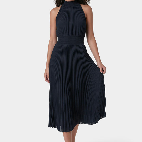 Front View-Sleeveless Pleated Dress-Dark Navy