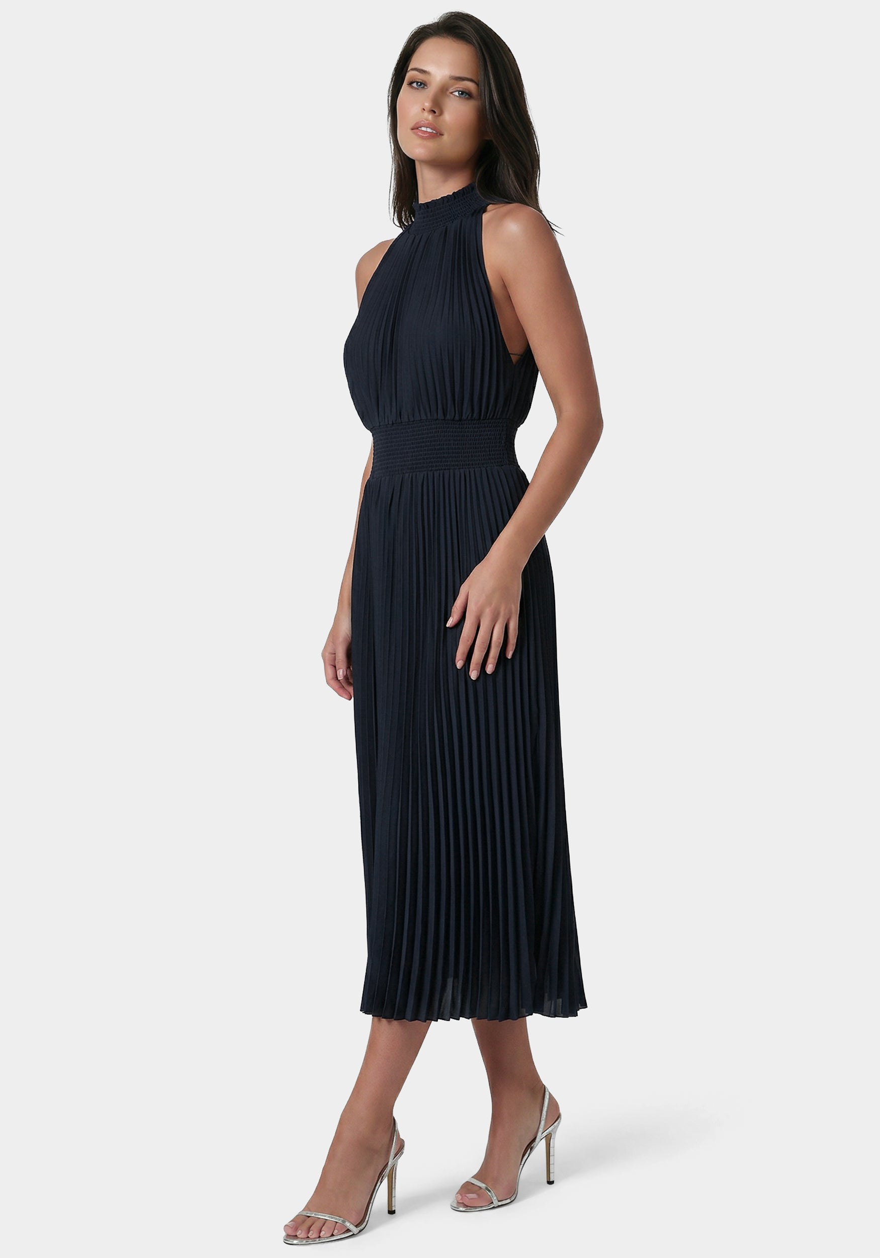 Bebe Women's Sleeveless Pleated Dress, Size 8 in Dark Navy Blue Polyester