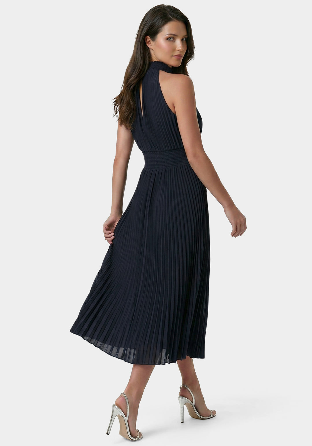 Back View-Sleeveless Pleated Dress-Dark Navy