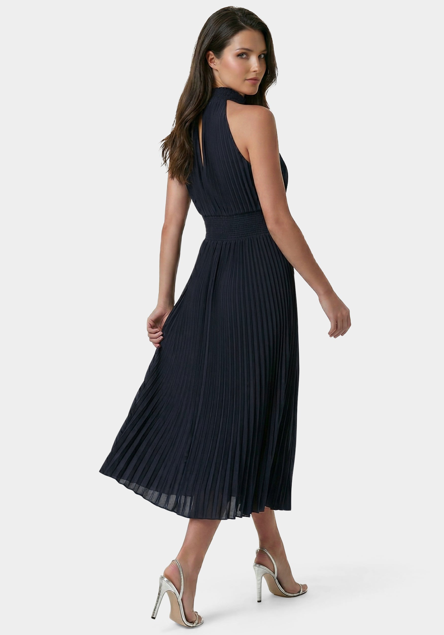 Back View-Sleeveless Pleated Dress-Dark Navy