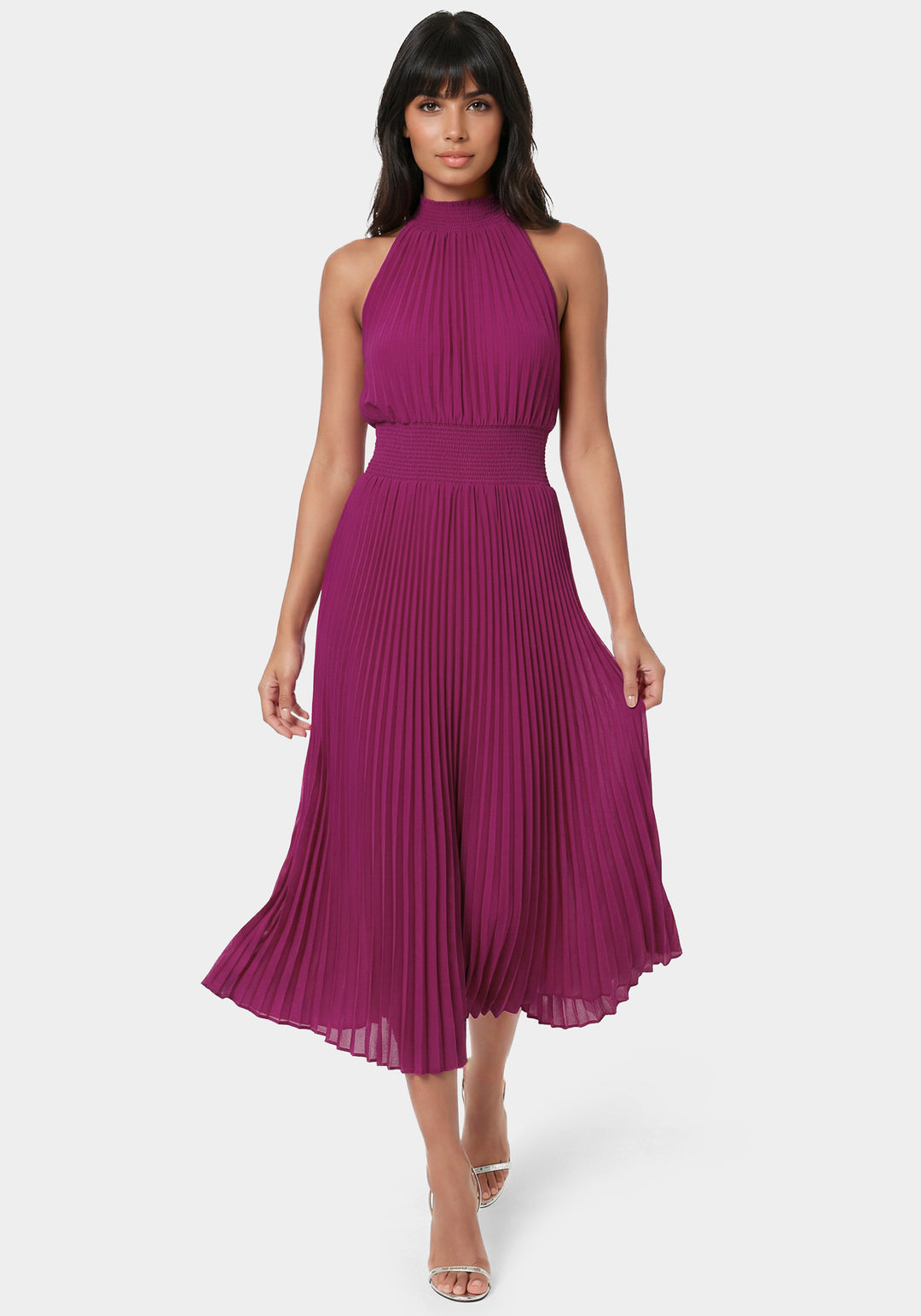 Front View-Sleeveless Pleated Dress-Fuchsia