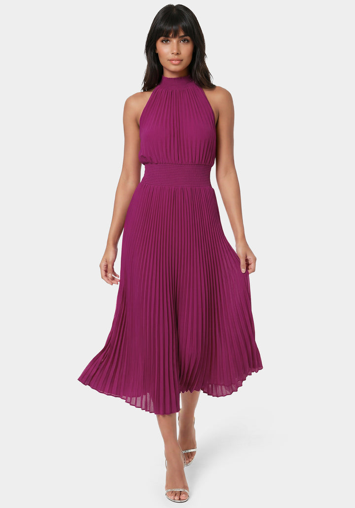 Front View-Sleeveless Pleated Dress-Fuchsia