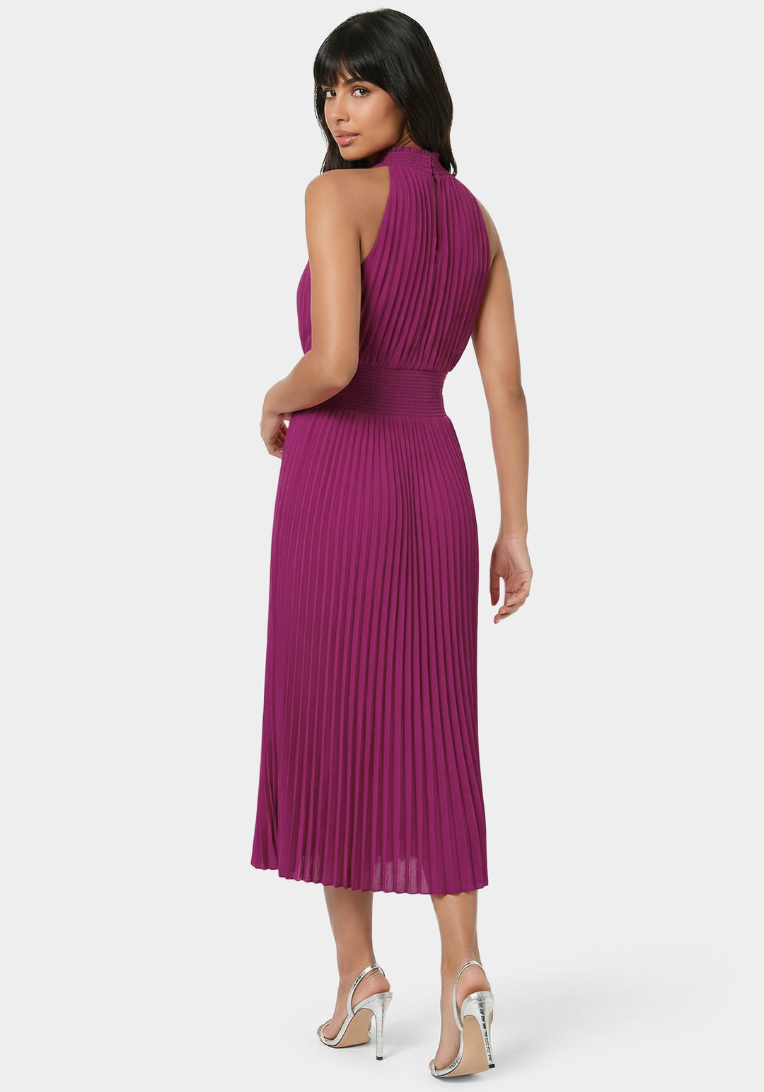 Back View-Sleeveless Pleated Dress-Fuchsia