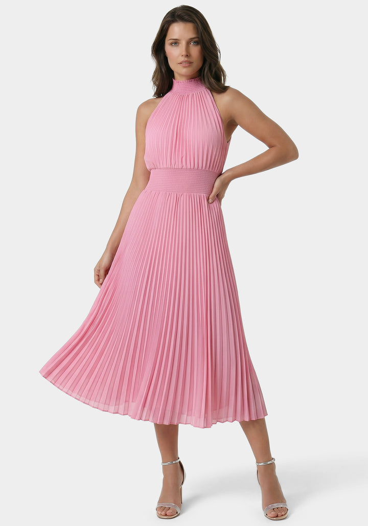 Front View-Sleeveless Pleated Dress-Pink