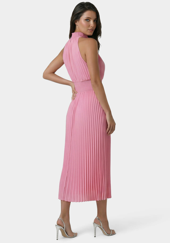 Back View-Sleeveless Pleated Dress-Pink