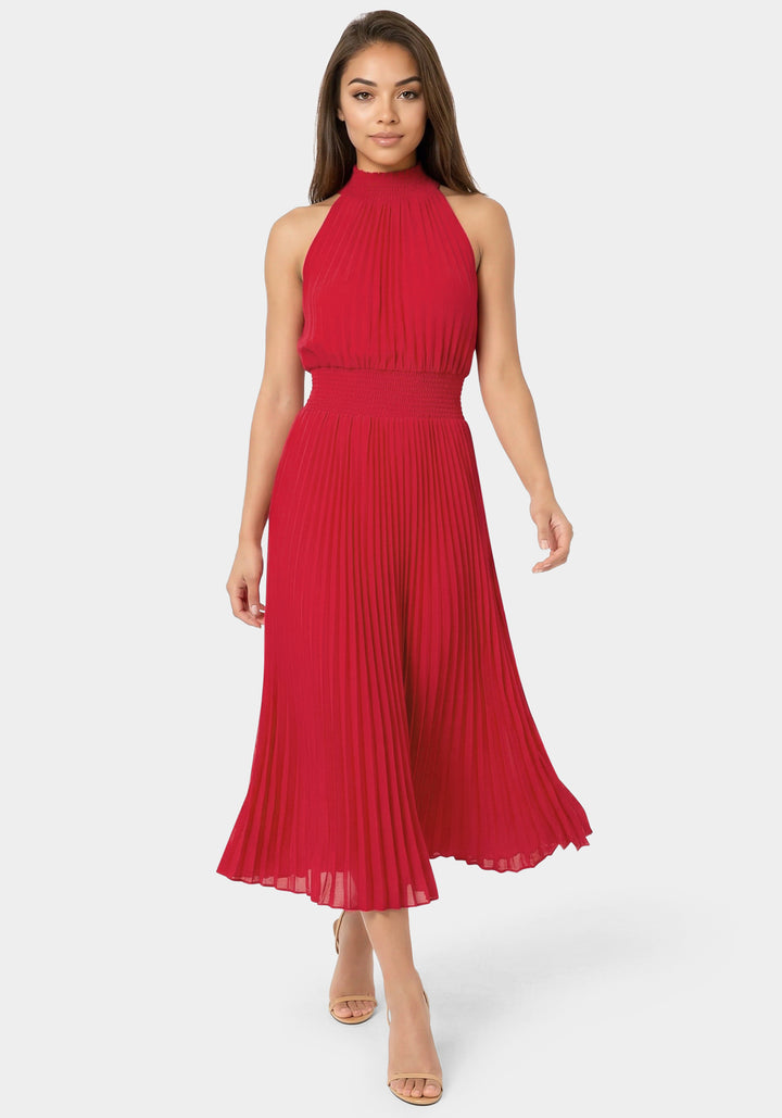 Front View-Sleeveless Pleated Dress-Red
