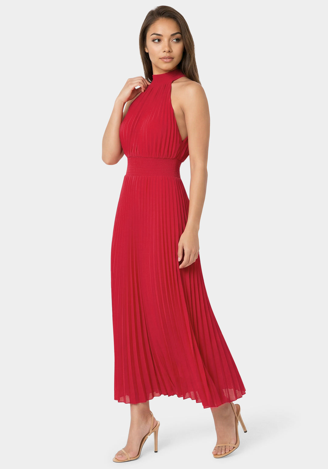 Side View-Sleeveless Pleated Dress-Red