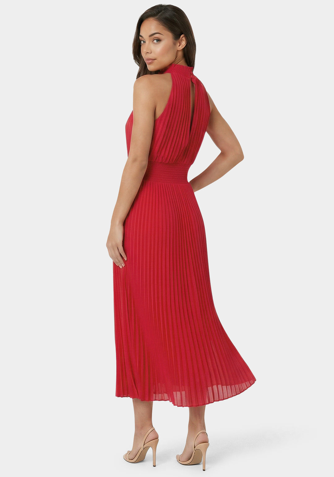Back View-Sleeveless Pleated Dress-Red