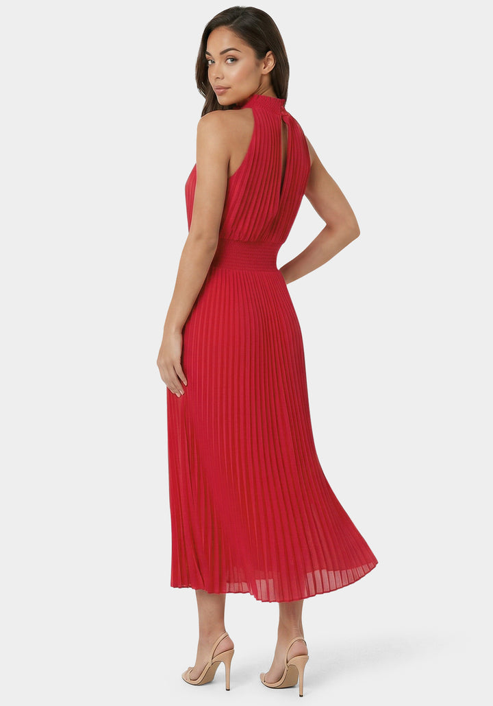 Back View-Sleeveless Pleated Dress-Red