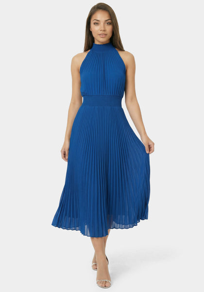 blue pleated dress Bebe Women's Sleeveless Pleated Dress, Size 12 in Blue Polyester