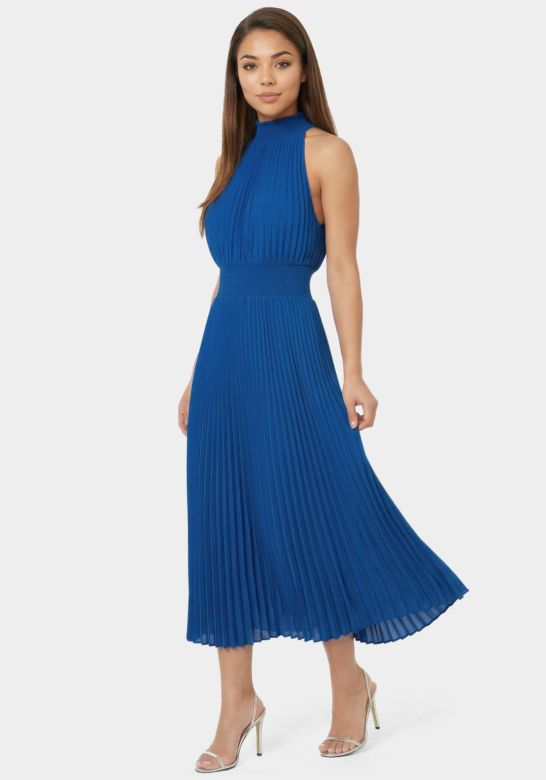 Side View-Sleeveless Pleated Dress-Royal