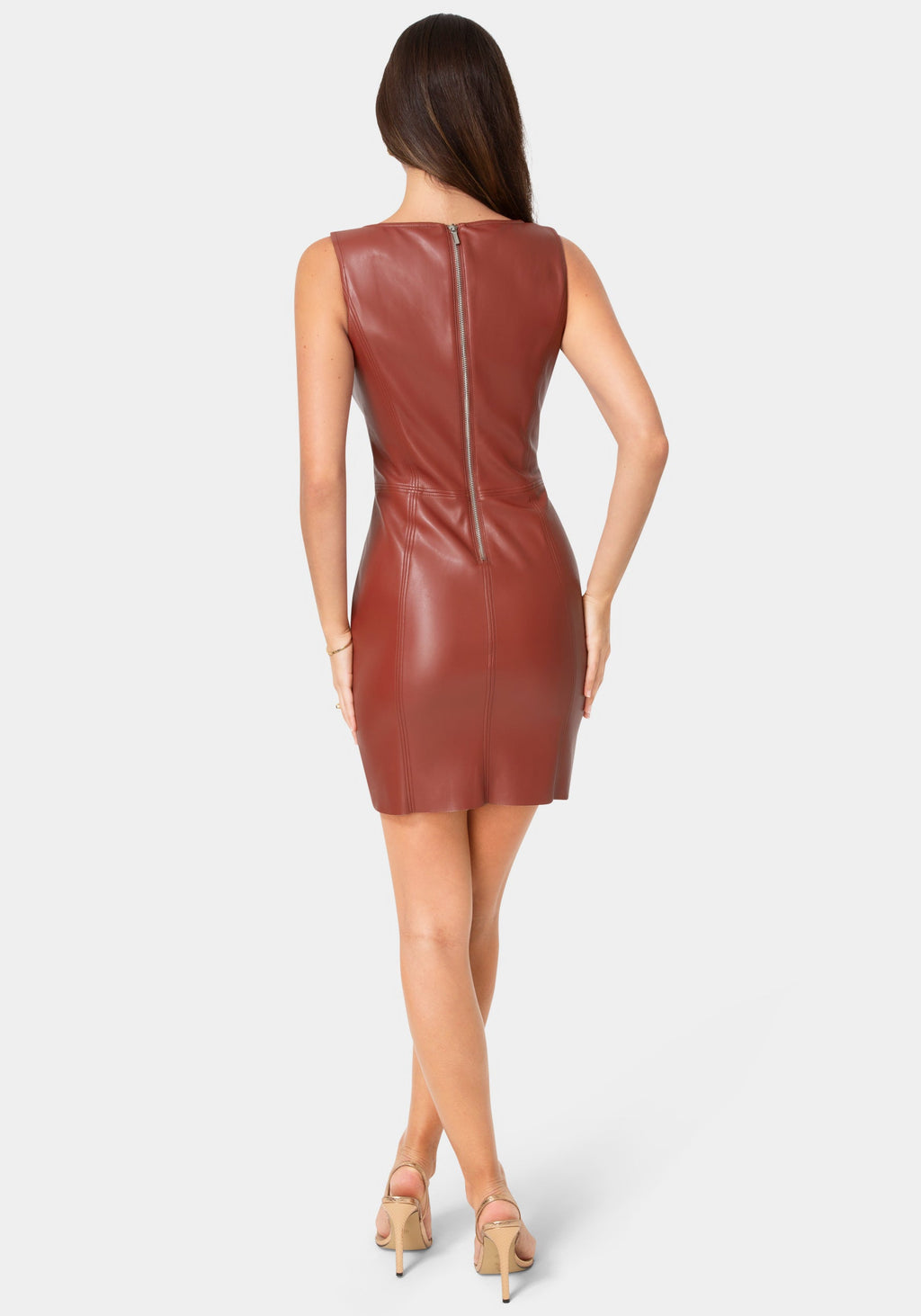 Back View-Faux Leather Midi Pencil Dress-Wine