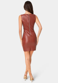 Back View-Faux Leather Midi Pencil Dress-Wine