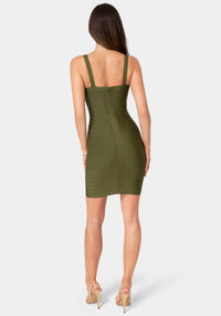 Back View-V-Neck Strap Bandage Dress-Olive