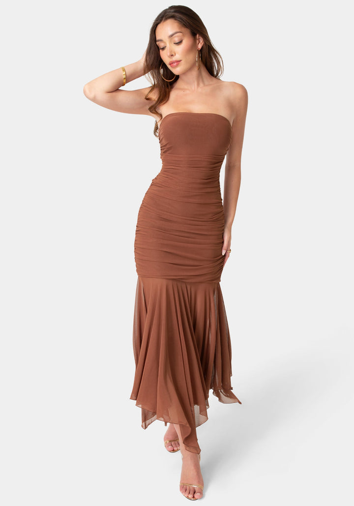 Detail View-Powermesh Strapless Hanky Dress-Mocha