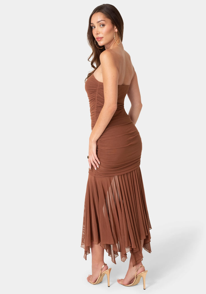 Back View-Powermesh Strapless Hanky Dress-Mocha