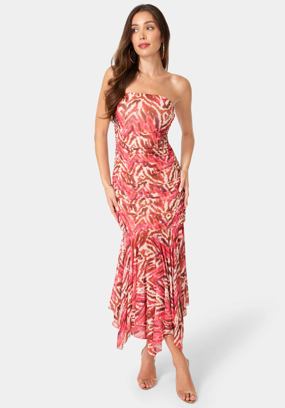 Front View-Powermesh Strapless Hanky Dress-Pink Multi