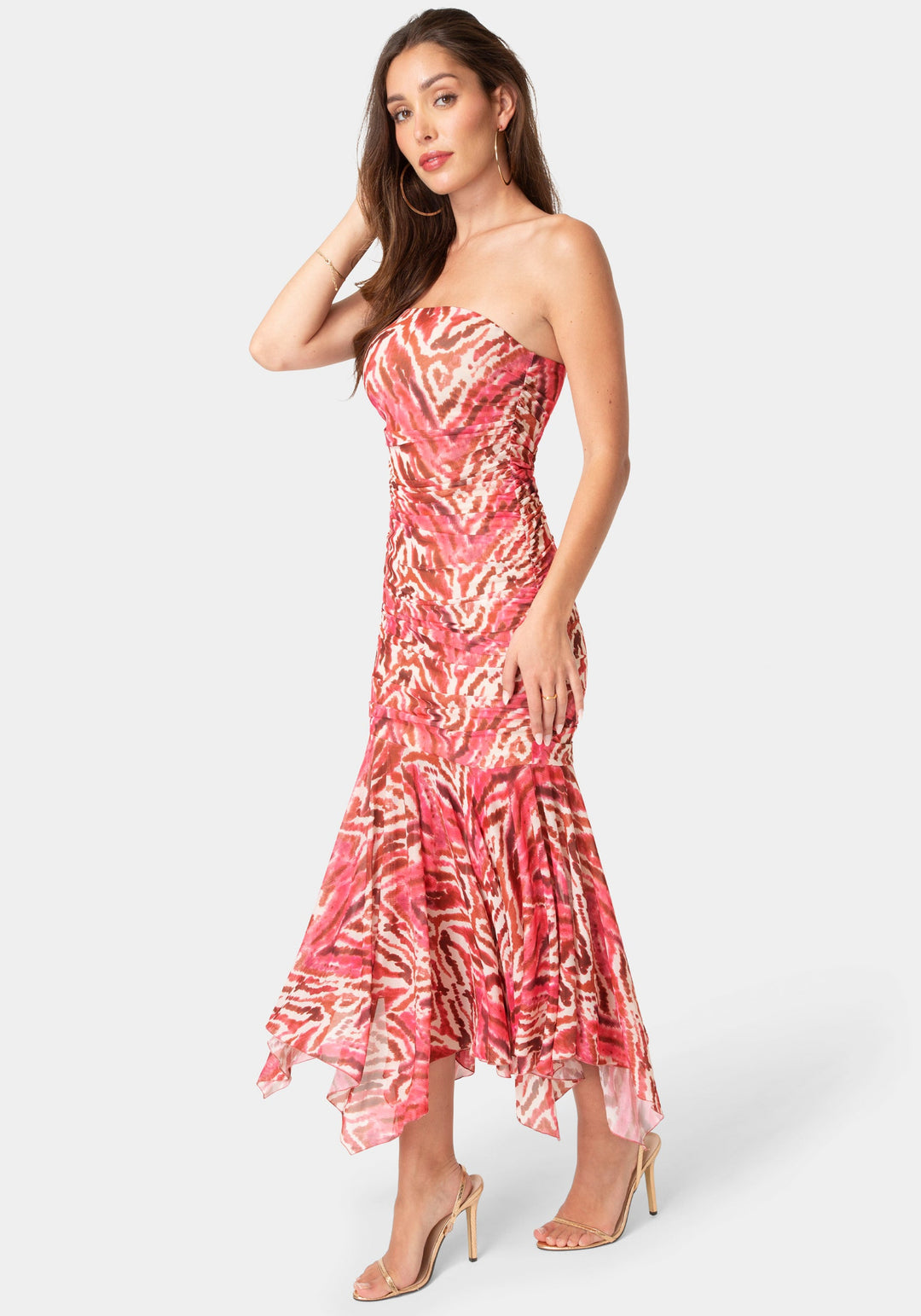 Side View-Powermesh Strapless Hanky Dress-Pink Multi