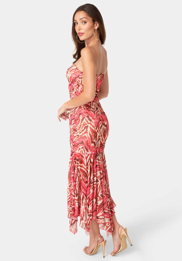 Back View-Powermesh Strapless Hanky Dress-Pink Multi