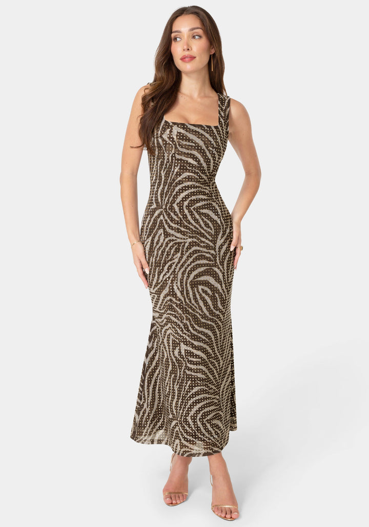 Front View-Square Neck Hotfix Mesh Maxi Dress-Brown Zebra