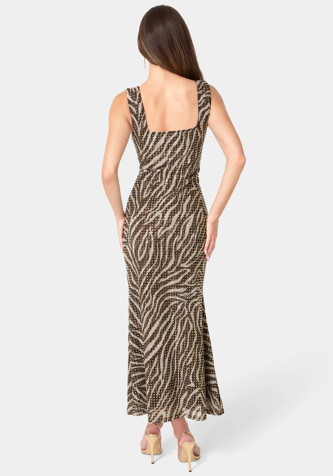 Back View-Square Neck Hotfix Mesh Maxi Dress-Brown Zebra