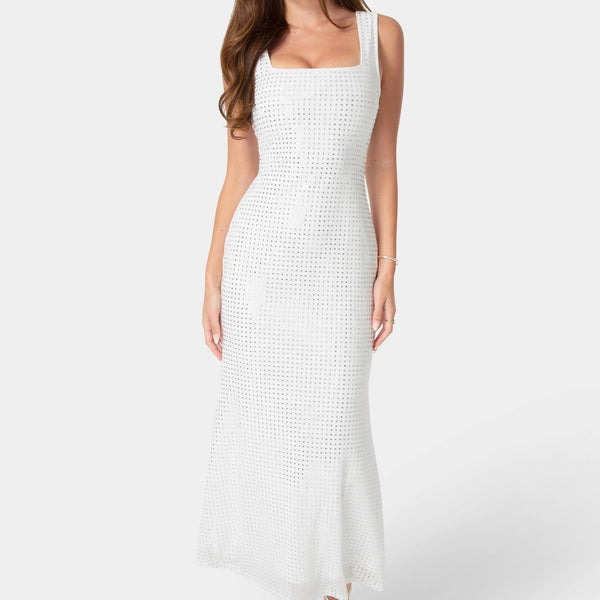 Front View-Square Neck Hotfix Mesh Maxi Dress-White