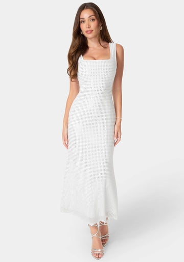 Front View-Square Neck Hotfix Mesh Maxi Dress-White