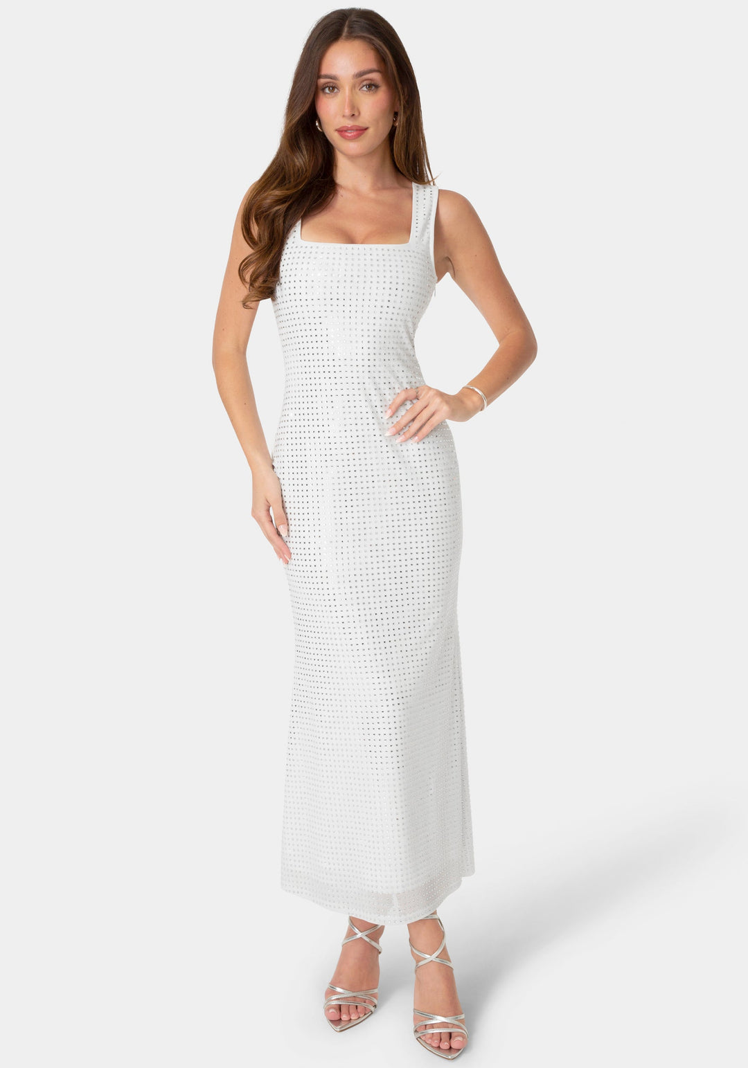 Detail View-Square Neck Hotfix Mesh Maxi Dress-White