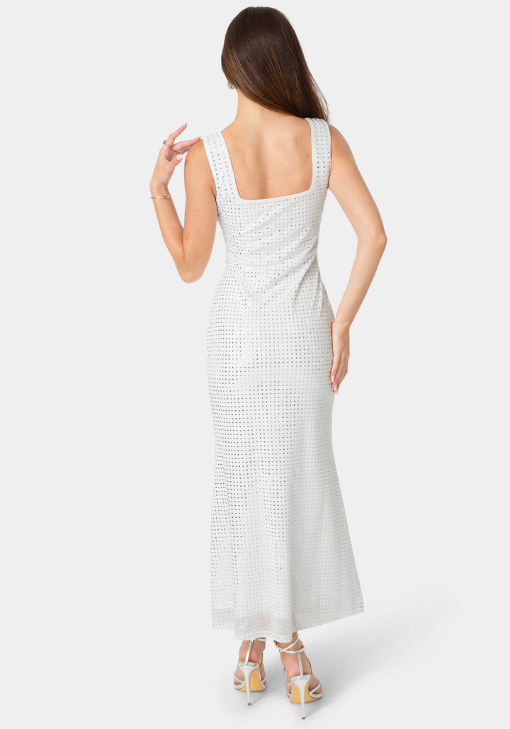 Back View-Square Neck Hotfix Mesh Maxi Dress-White