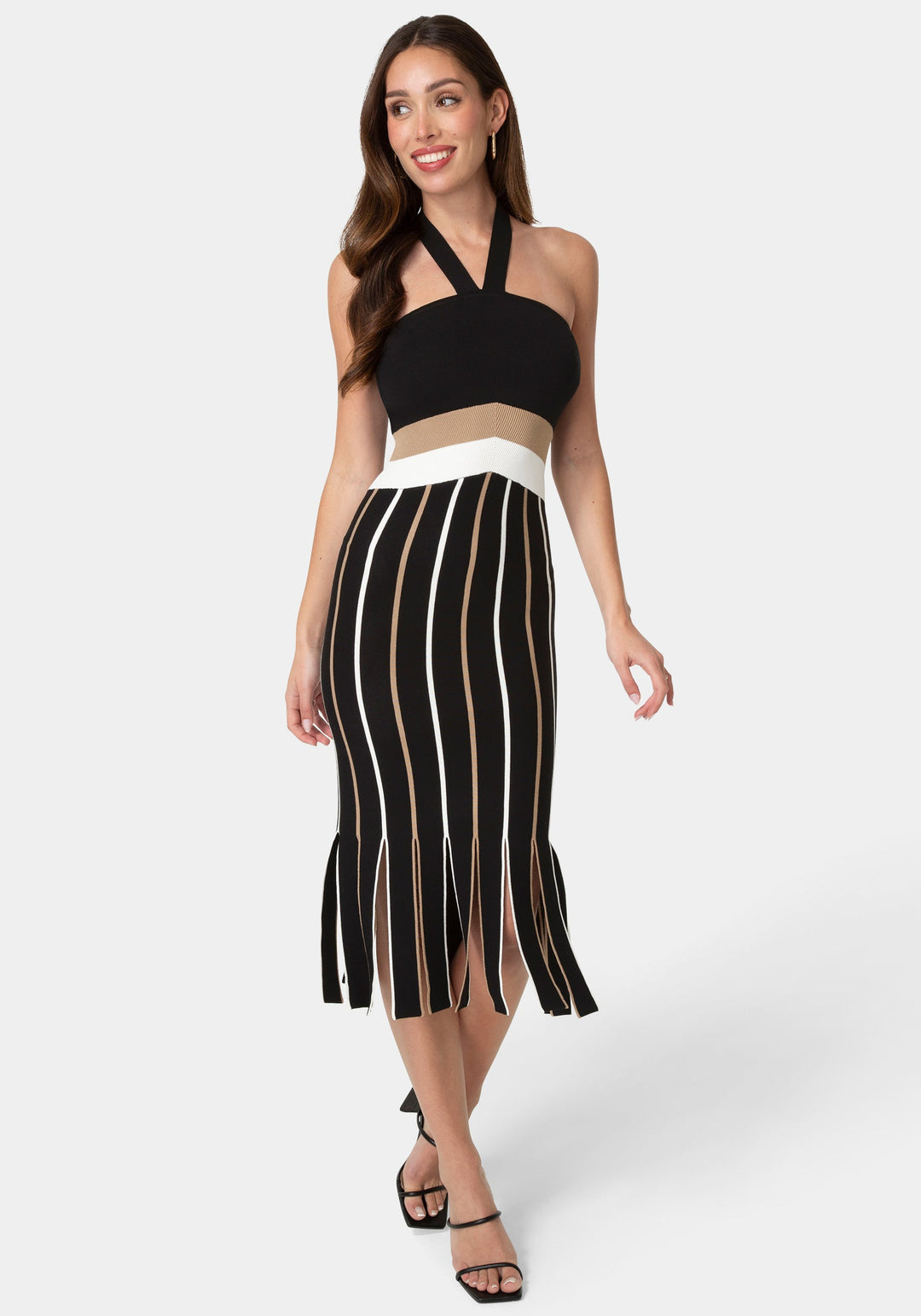 Front View-Carwash Fringe Knit Halter Dress-Black Multi