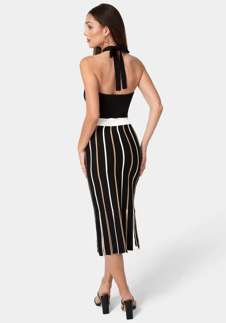 Back View-Carwash Fringe Knit Halter Dress-Black Multi